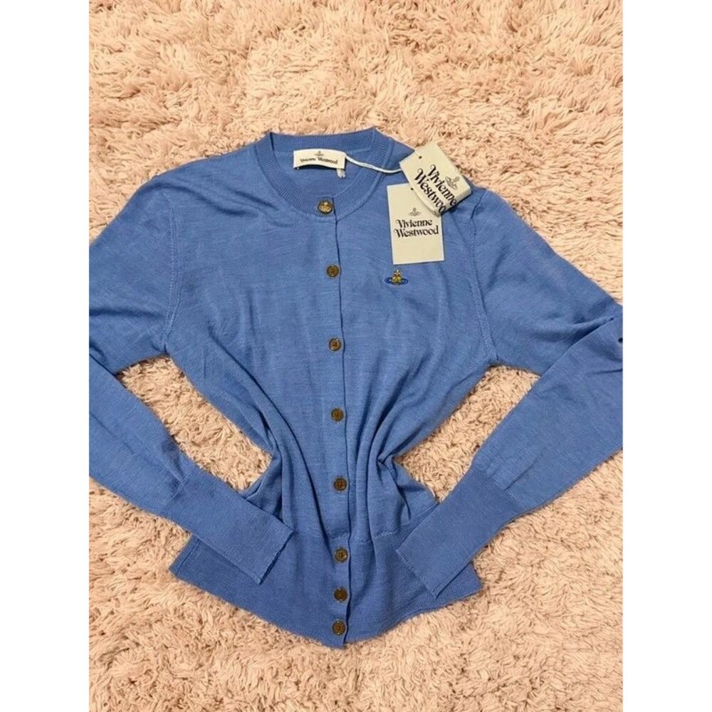 NWT Vivienne Westwood Bea Cardigan Blue Wool Silk Orb Logo Size Large #049